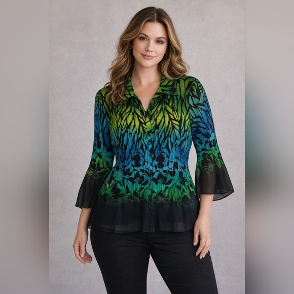 Sheer Chiffon Blouse Green Blue Ombre Floral Top Flowy Bell Sleeve Work to Weeke - Picture 6 of 11